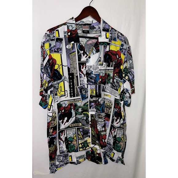 Marvel Comics Spider-Man Comic Book Print Rayon Button Up Shirt - Large - Picture 1 of 7